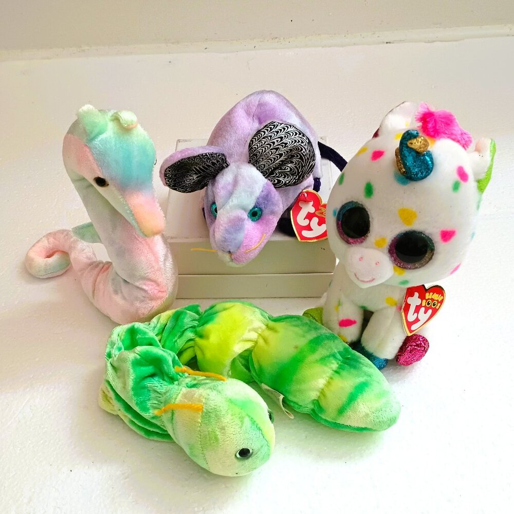Ty Beanie Babies Lot of 4 NWT Squirmy , Rat, Harmonie, Neon Year 1997-2000